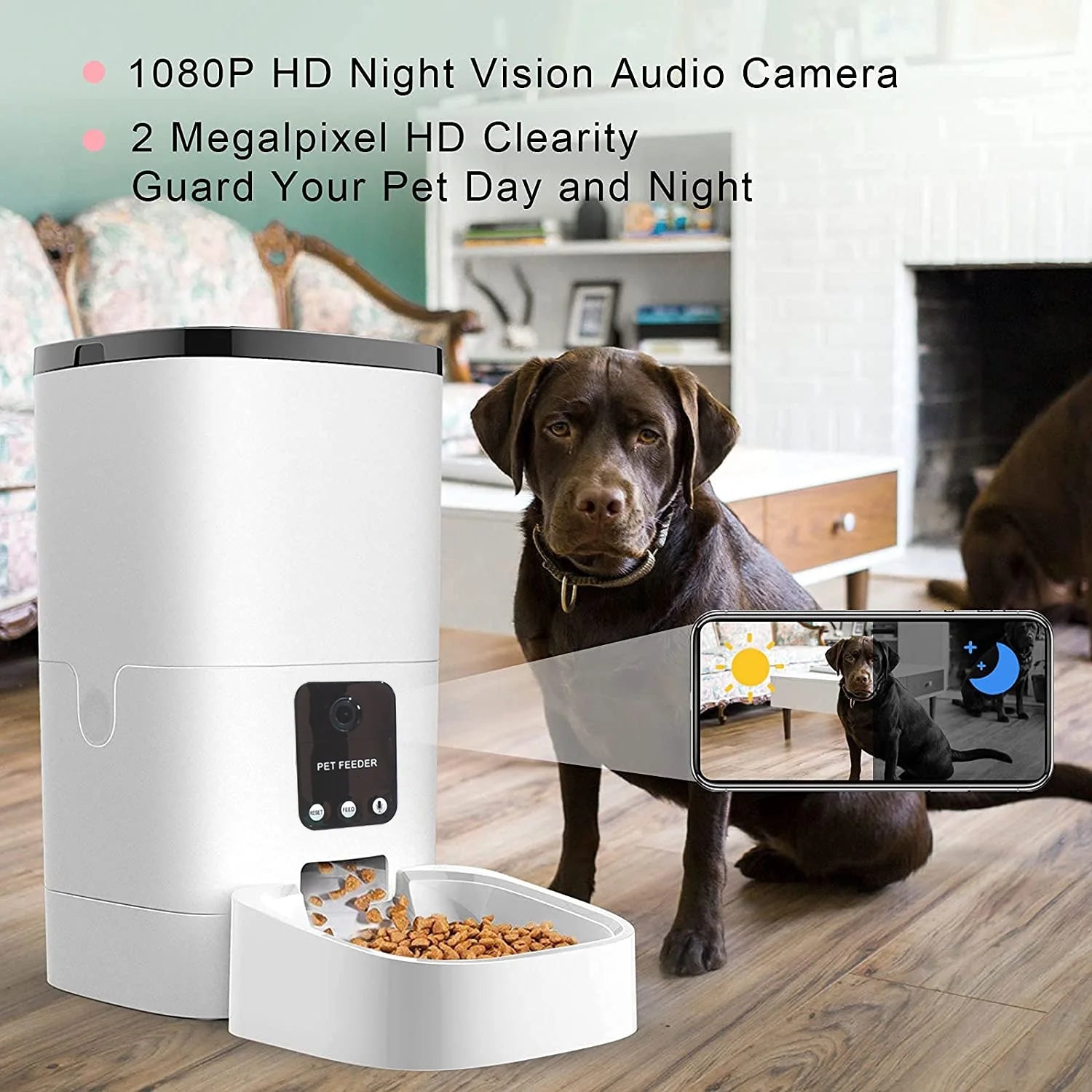 Automatic 6L Pet Feeder with 1080P Camera, App Control, Voice Recording, Timed Feeding, Dual Power Supply, and Wi-Fi Connectivity for Cats and Dogs