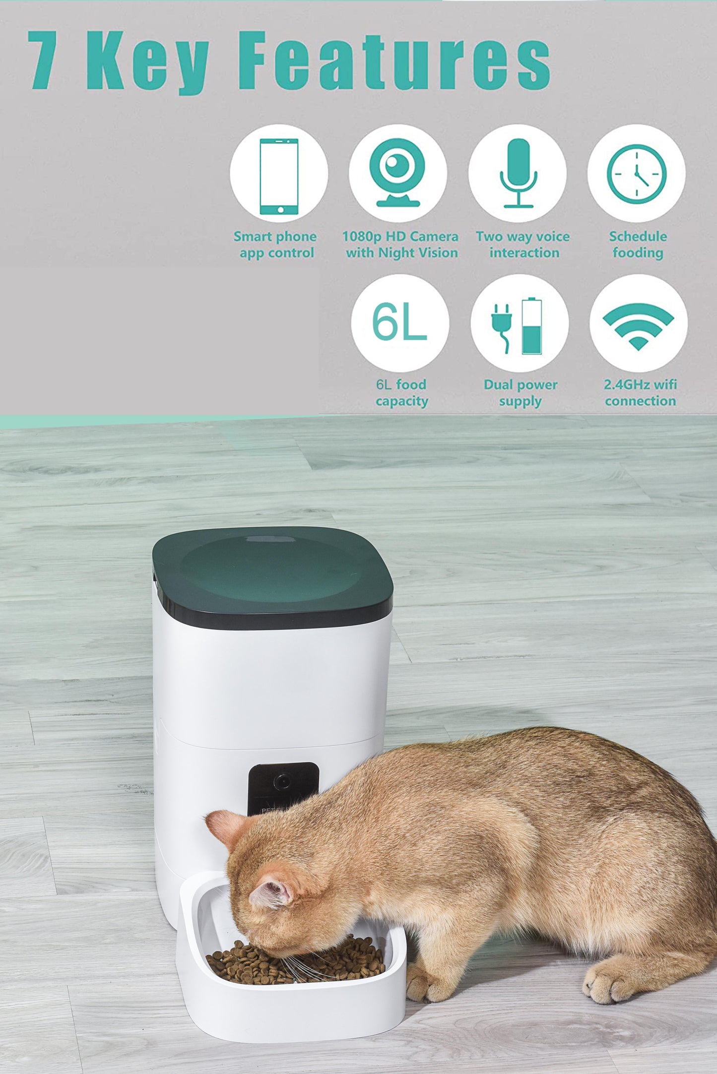 Automatic 6L Pet Feeder with 1080P Camera, App Control, Voice Recording, Timed Feeding, Dual Power Supply, and Wi-Fi Connectivity for Cats and Dogs