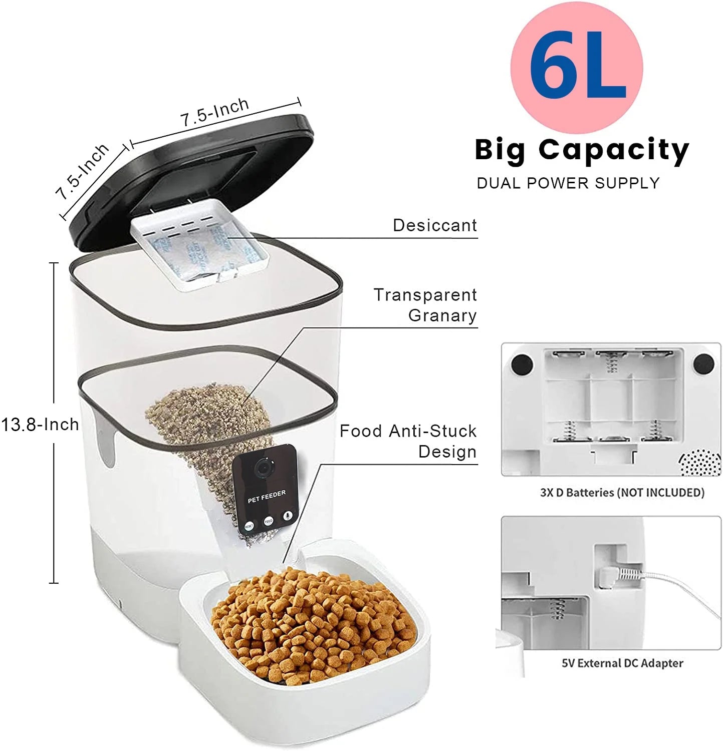 Automatic 6L Pet Feeder with 1080P Camera, App Control, Voice Recording, Timed Feeding, Dual Power Supply, and Wi-Fi Connectivity for Cats and Dogs