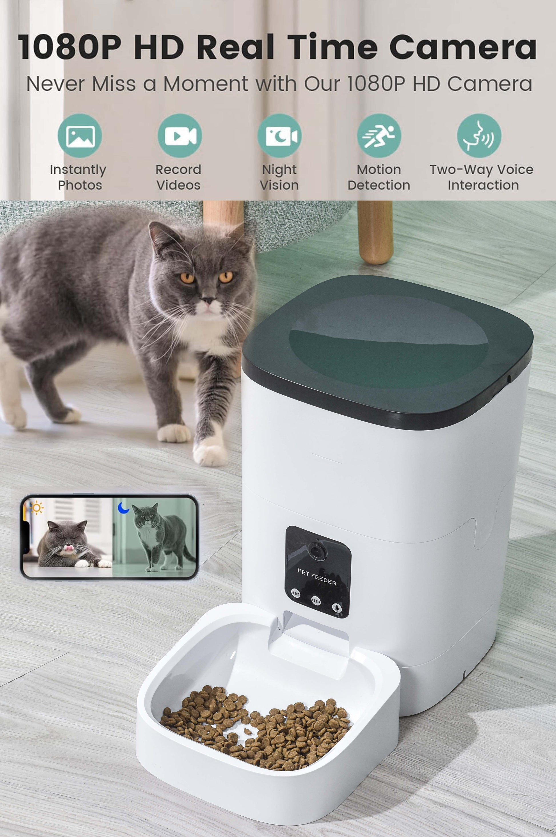 Automatic 6L Pet Feeder with 1080P Camera, App Control, Voice Recording, Timed Feeding, Dual Power Supply, and Wi-Fi Connectivity for Cats and Dogs